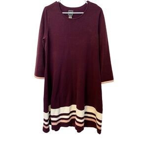 Jessica Howard Sweater Dress 3/4 Sleeves Maroon with White & Pink Stripes XL